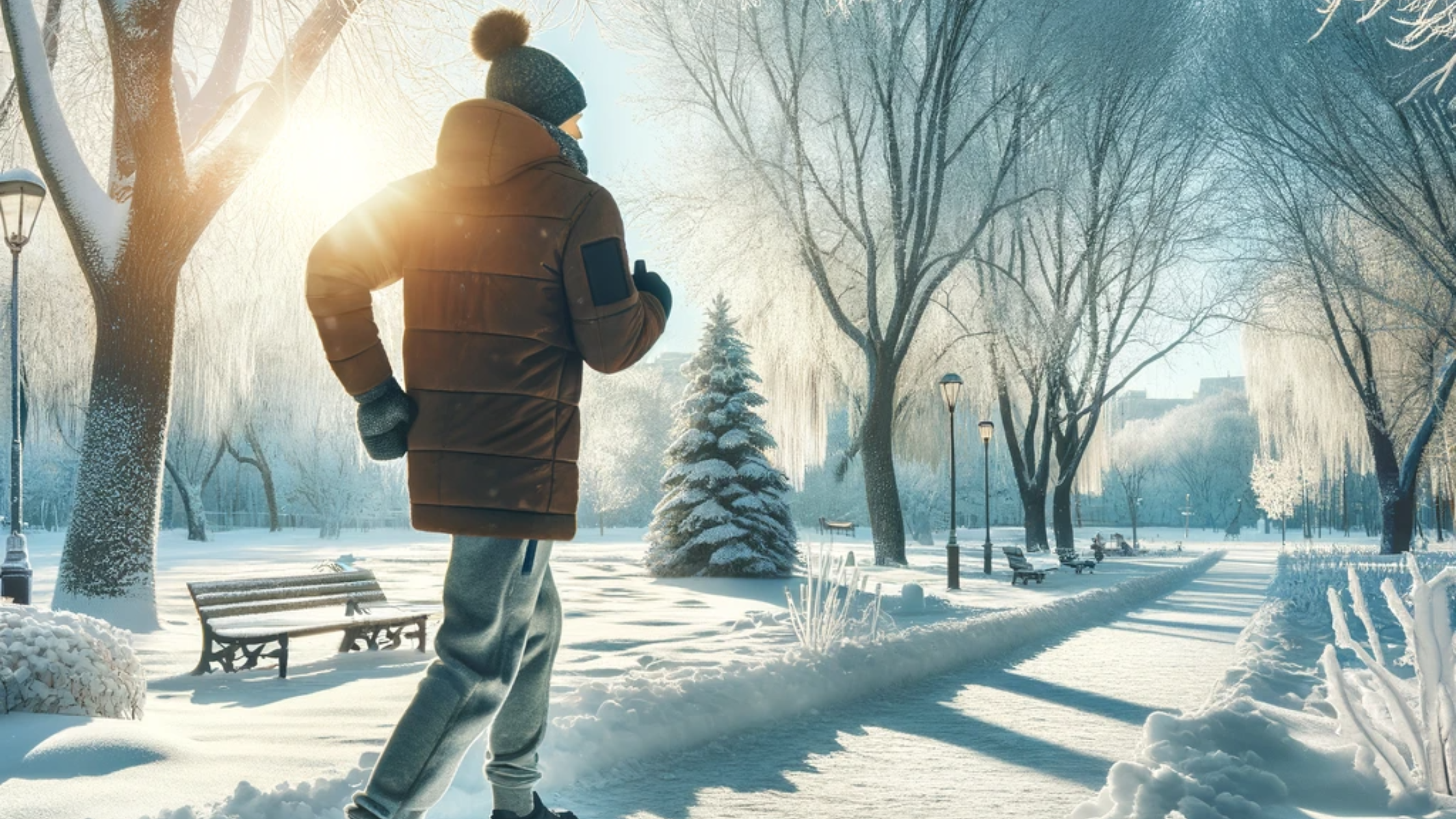 an outdoor winter scene with a person dressed in warm, winter clothing, exercising in a snow-covered park. This will illustrate the importance of physical activity for boosting immunity during winter. There will be snow on the trees and a clear blue sky to enhance the winter feel.